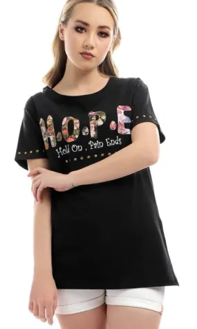 47038 Floral Hope Pattern Half Sleeves Tshirt - Black