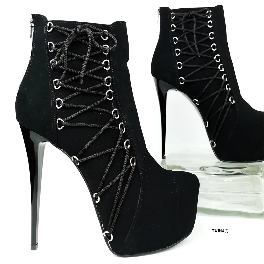 Ankle Corset Style Black Heel Boots