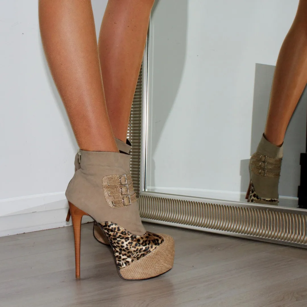 Beige Leopard High Heel Platform Ankle Boots