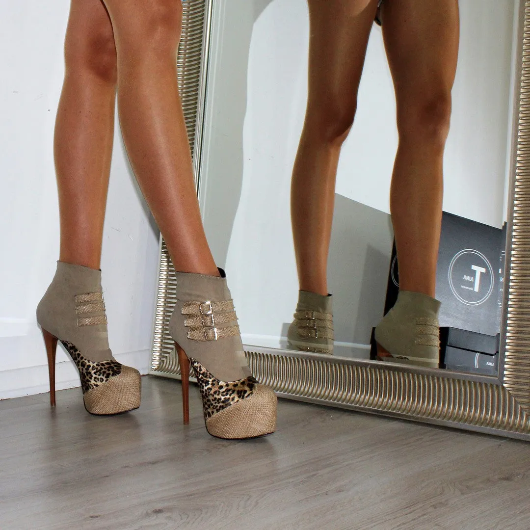 Beige Leopard High Heel Platform Ankle Boots