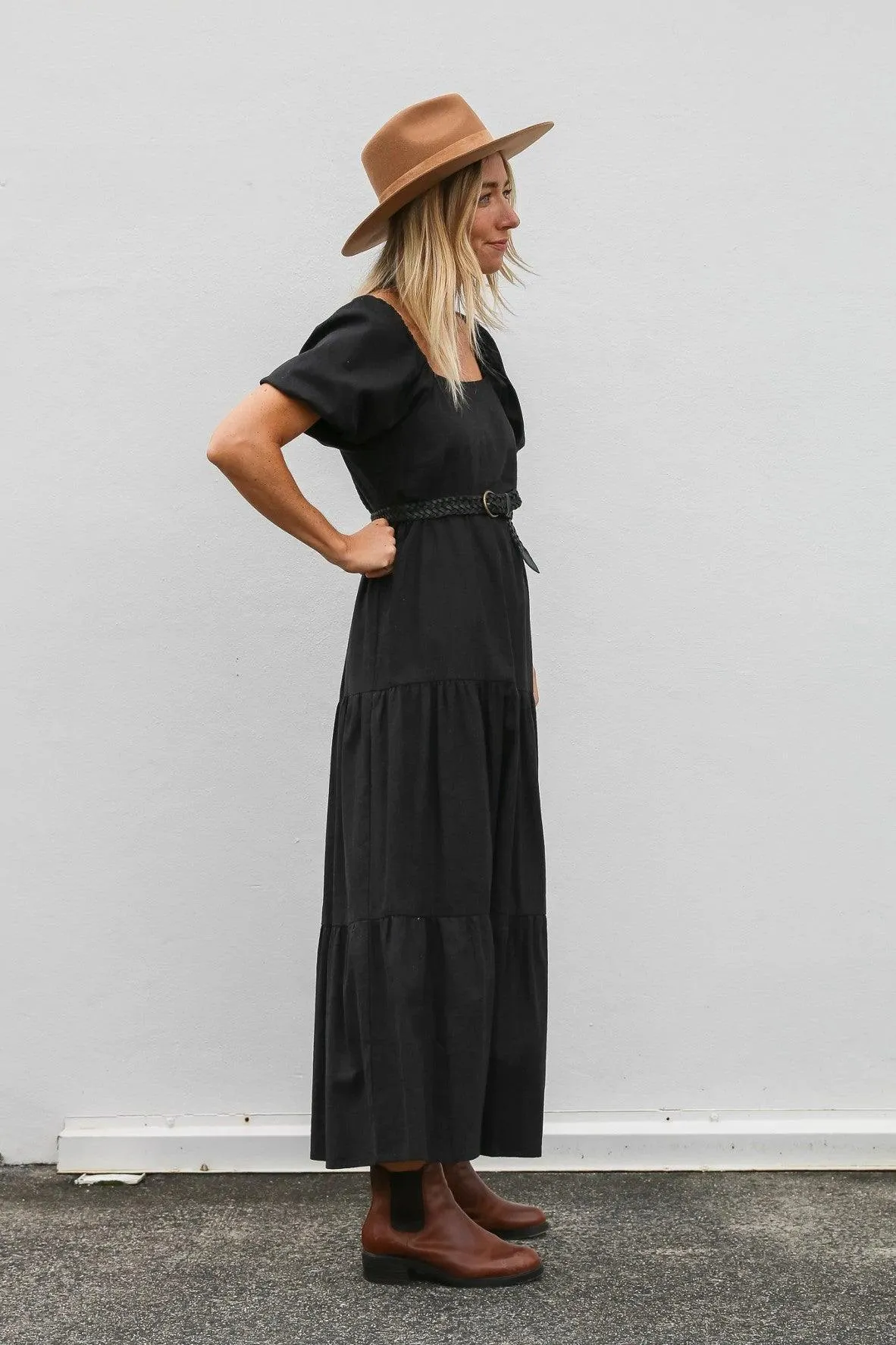 Black Linen Viola Puff Sleeve Maxi Dress