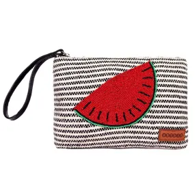 Black/White Striped Woven Makeup/Travel Pouch With Wrist Handle