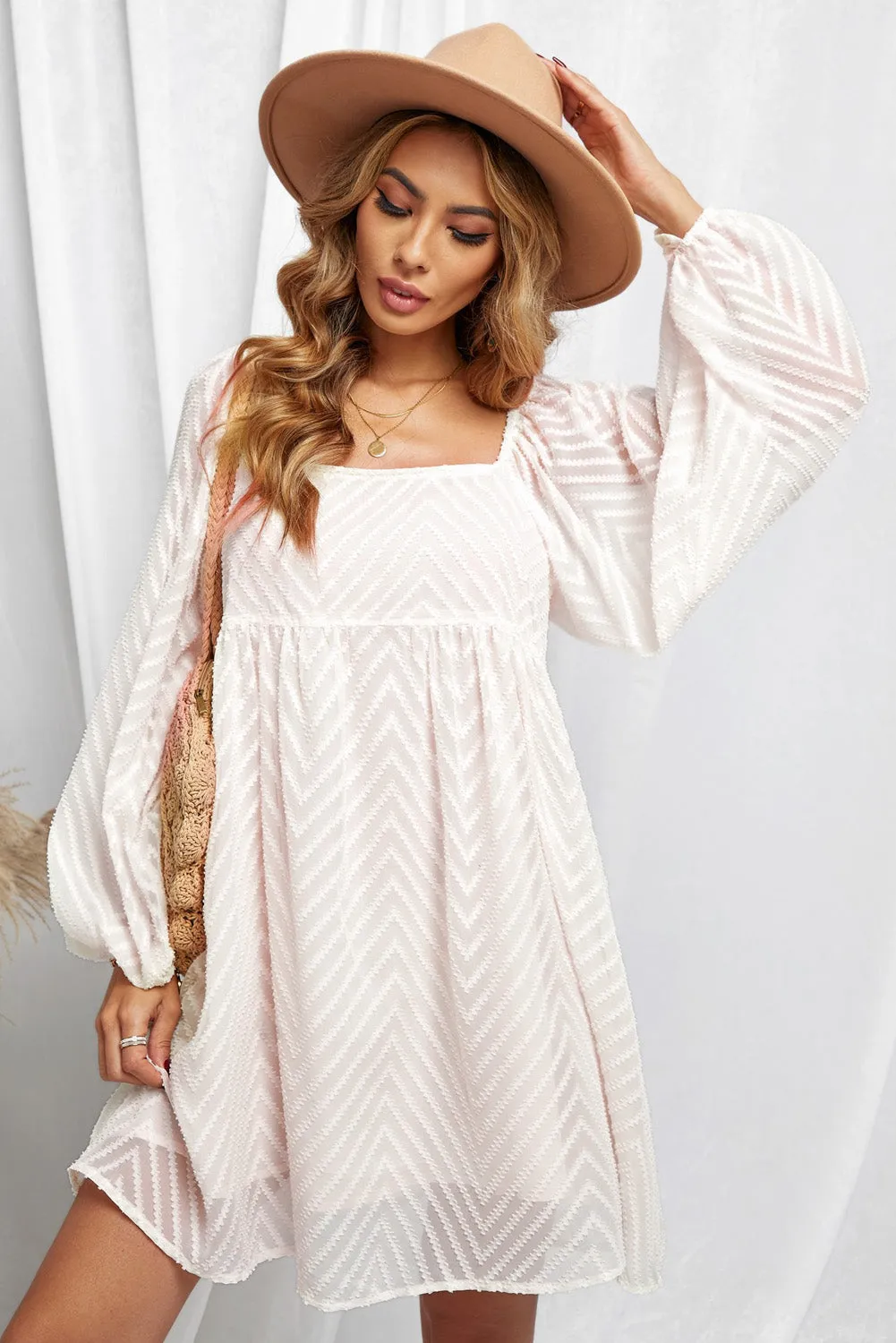 Classic Apricot Square Neck Puff Sleeve Babydoll Style Short Dress