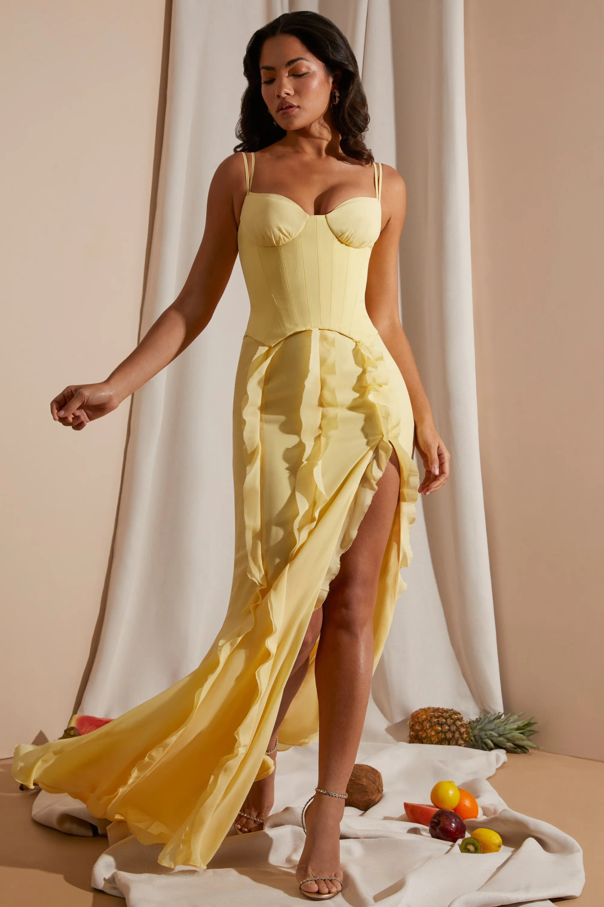 Corset Frill Skirt Maxi Dress in Yellow