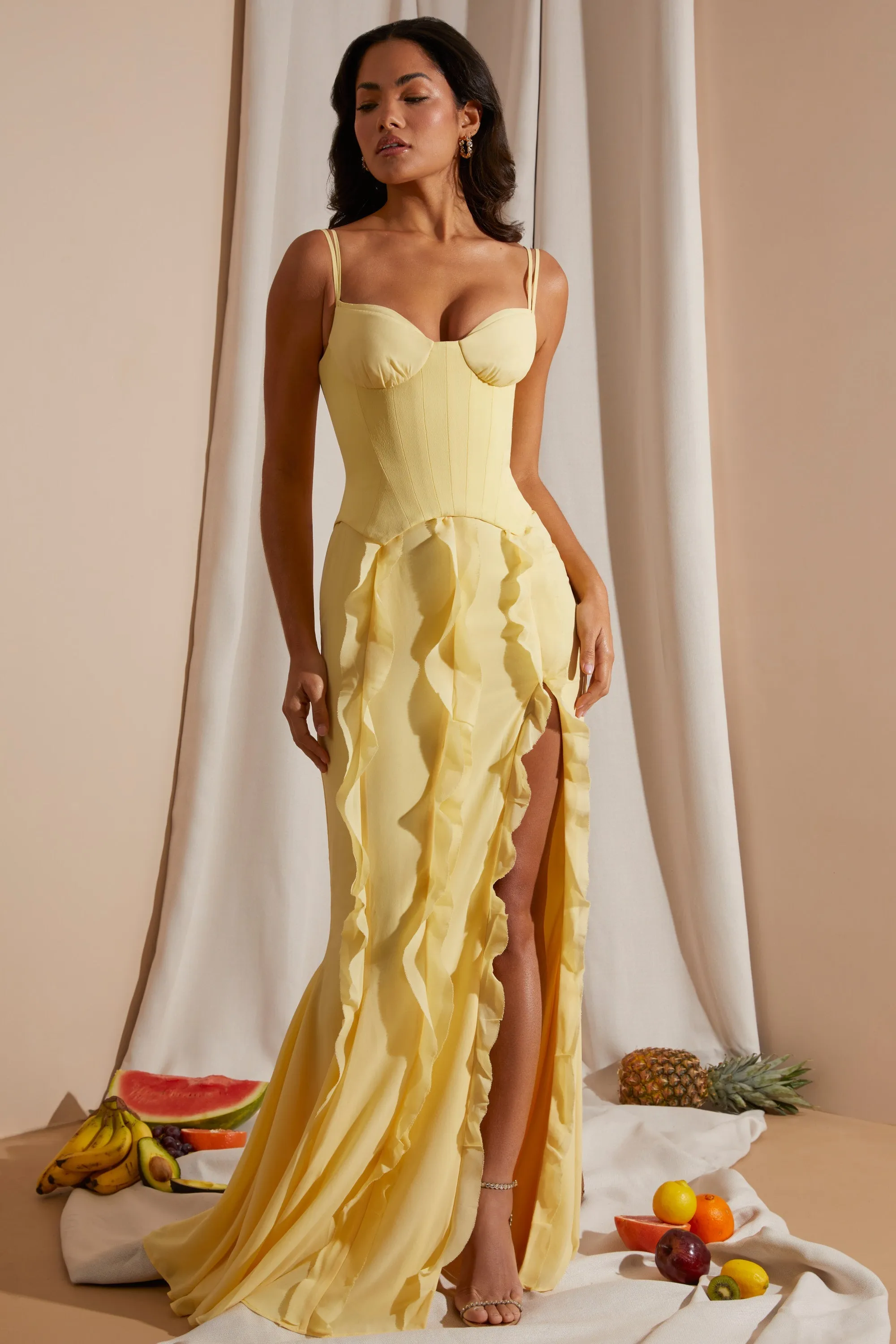 Corset Frill Skirt Maxi Dress in Yellow