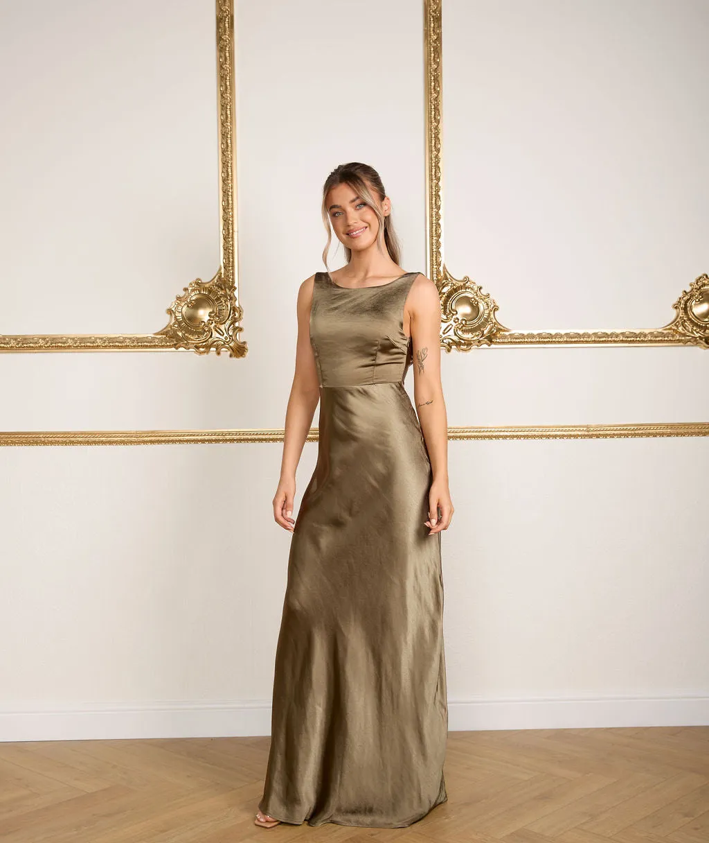 Cowl Back Satin Bridesmaid Dress - Olive