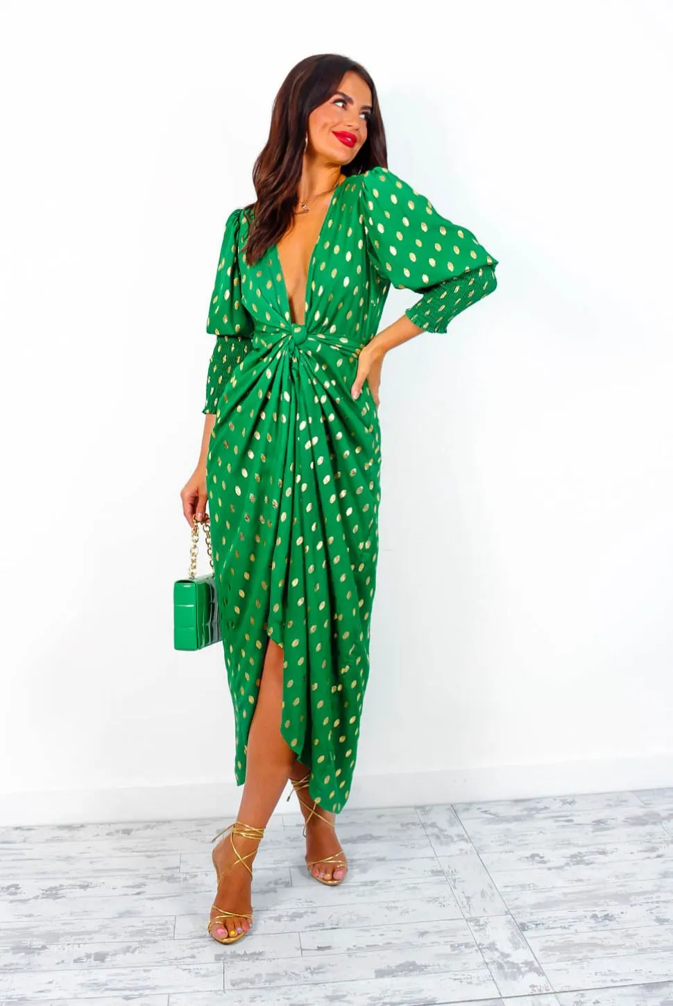 Drive Em Wild - Green Gold Print Midi Wrap Dress