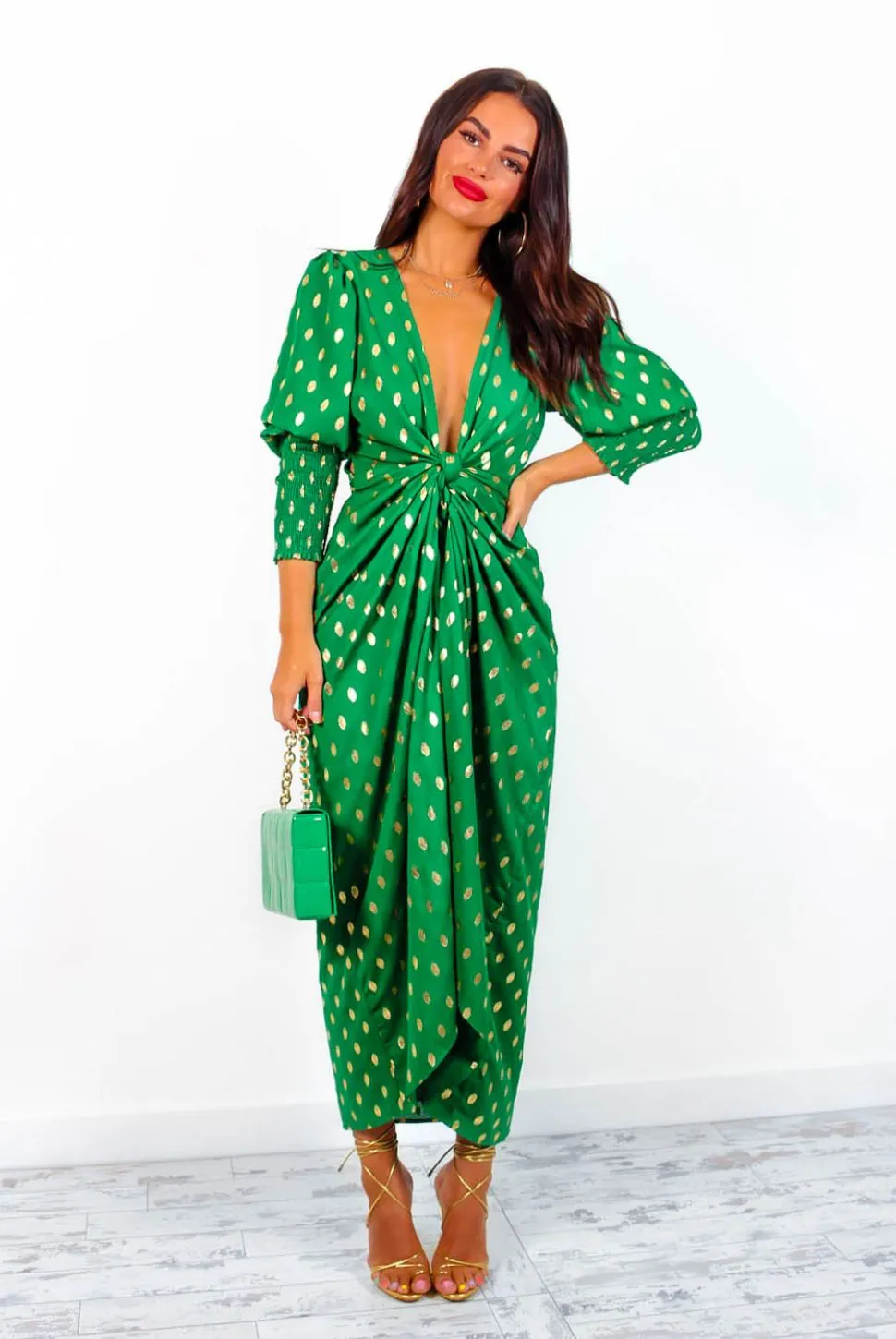 Drive Em Wild - Green Gold Print Midi Wrap Dress