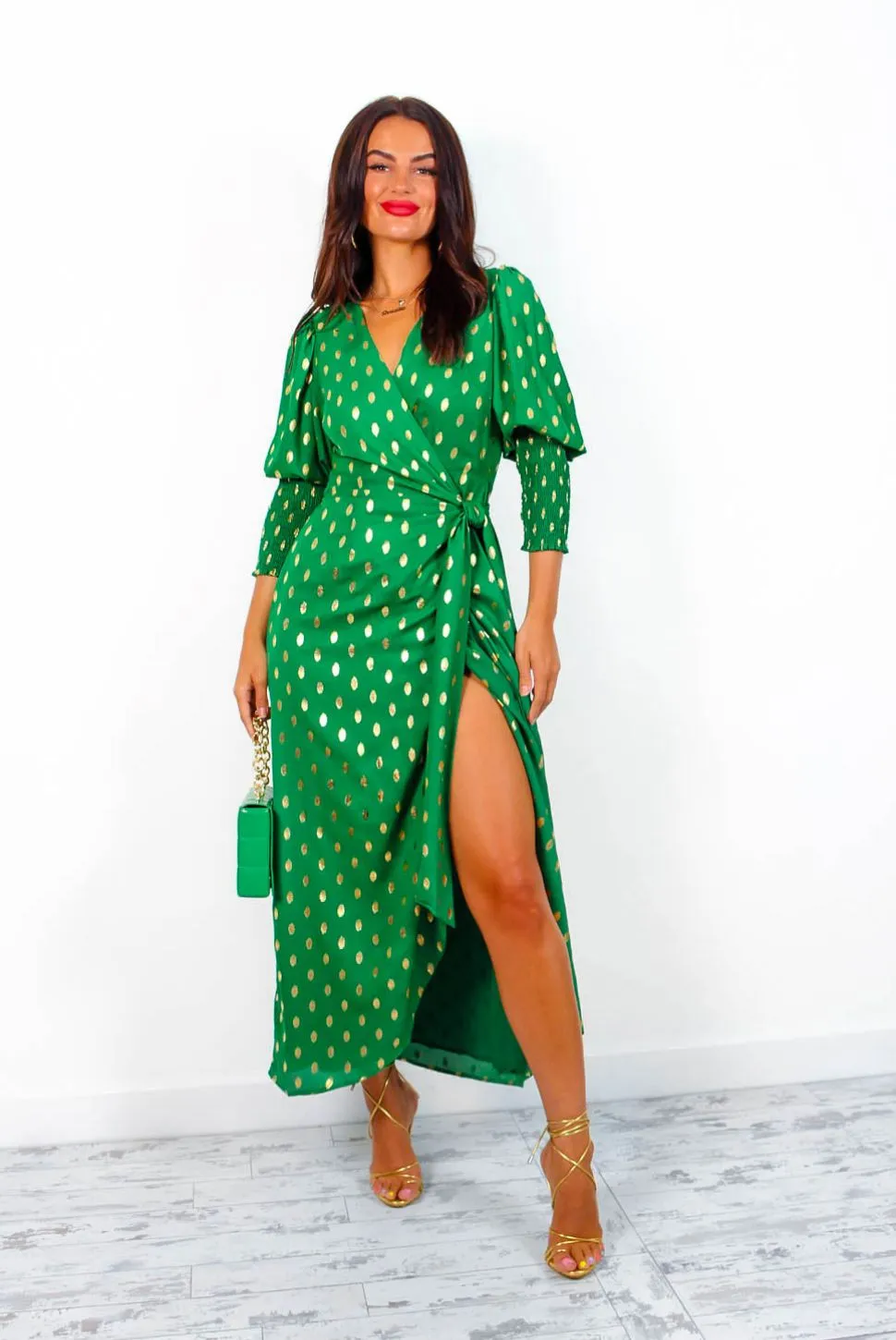 Drive Em Wild - Green Gold Print Midi Wrap Dress