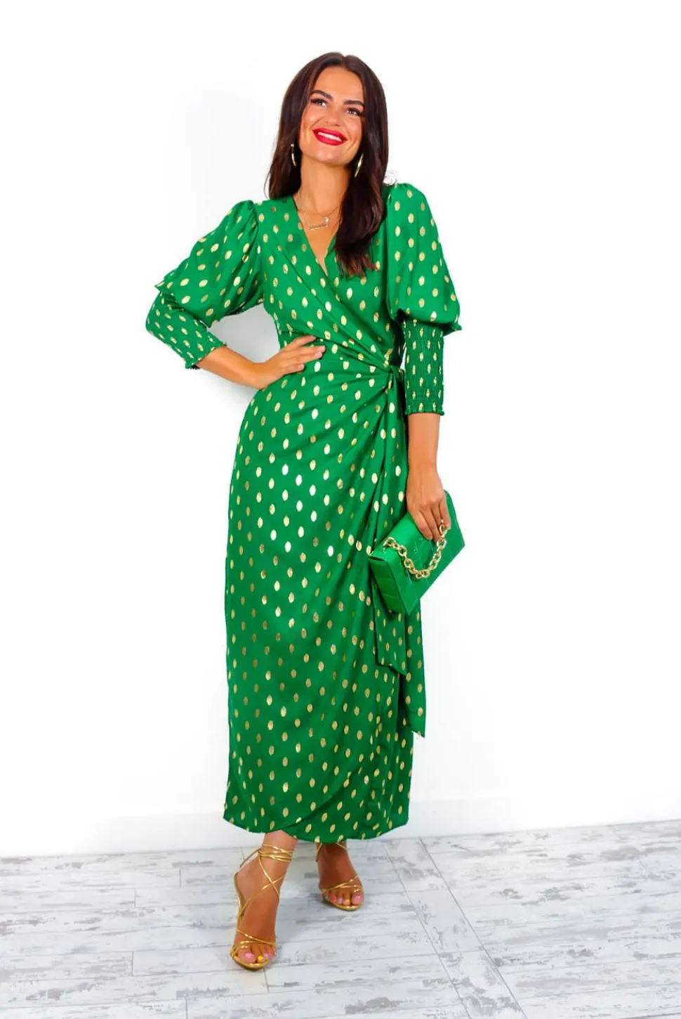 Drive Em Wild - Green Gold Print Midi Wrap Dress