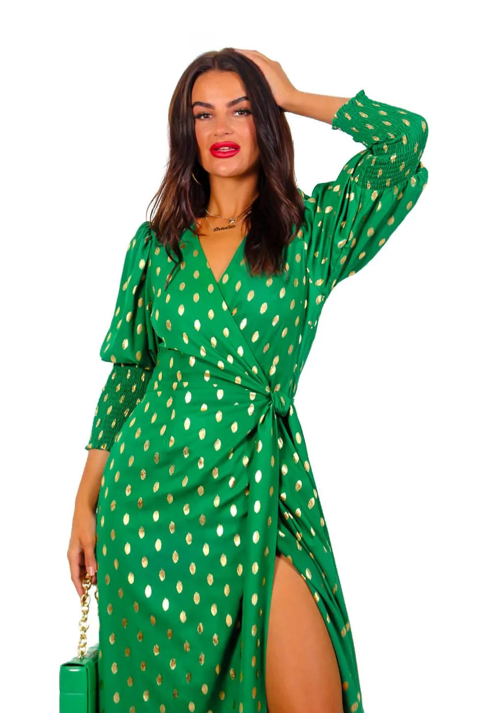 Drive Em Wild - Green Gold Print Midi Wrap Dress