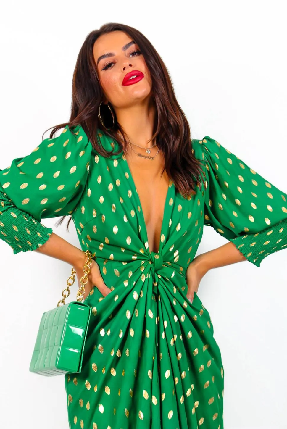 Drive Em Wild - Green Gold Print Midi Wrap Dress