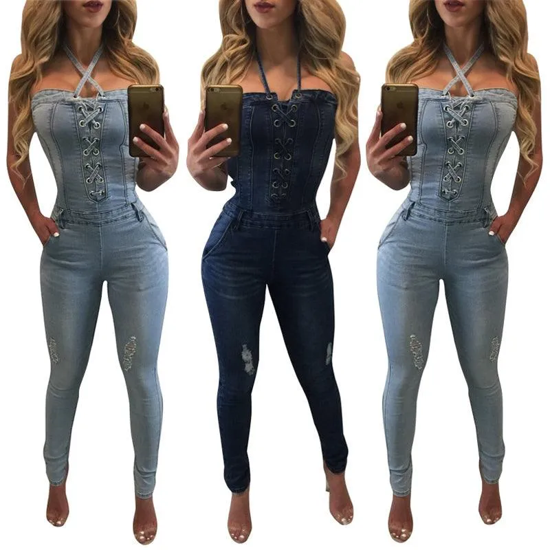 FITTED DENIM LACE-UP JUMPSUIT