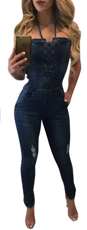 FITTED DENIM LACE-UP JUMPSUIT