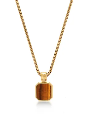 Gold Necklace with Square Brown Tiger Eye Pendant