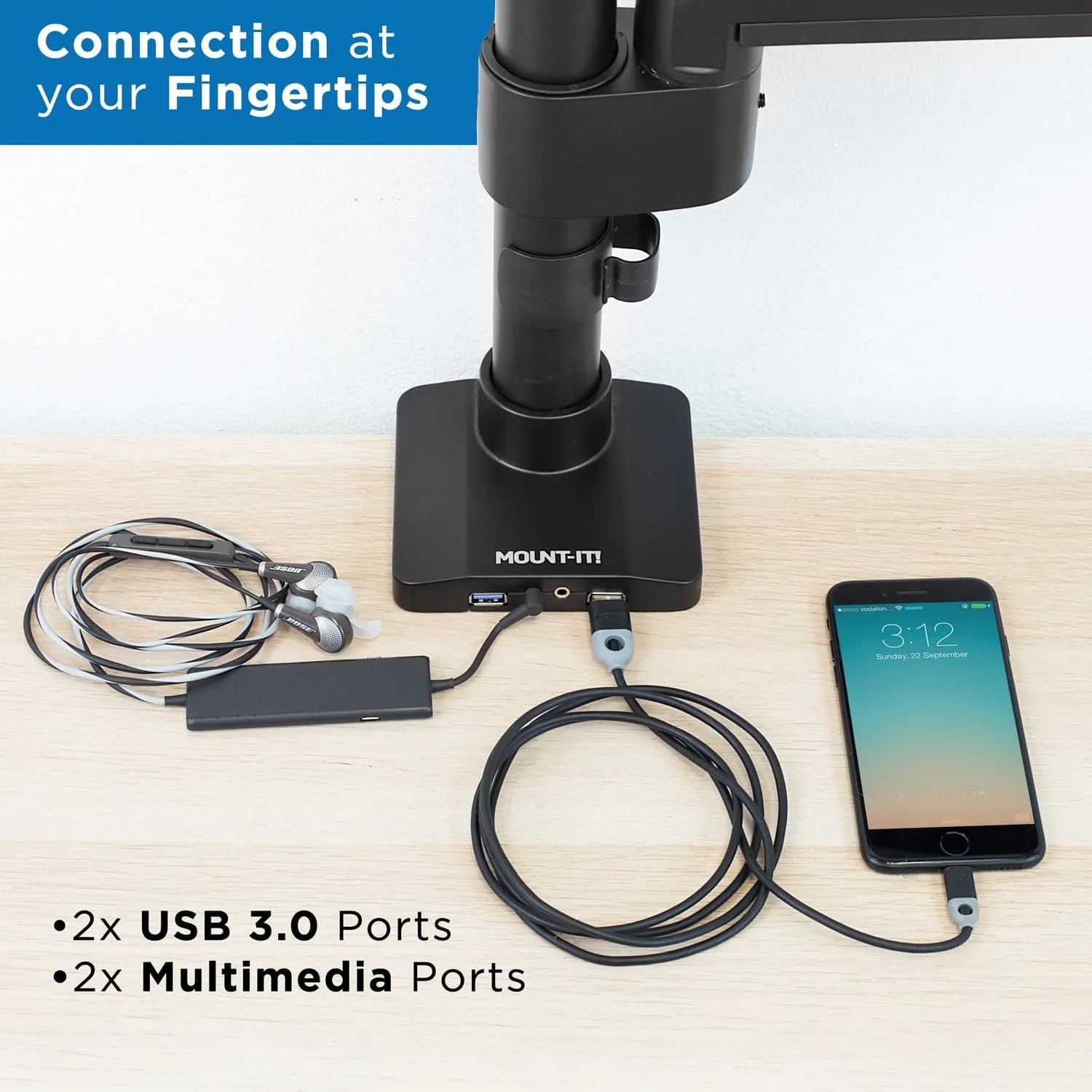 Heavy Duty Monitor Desk Mount w/ USB & Multimedia Ports