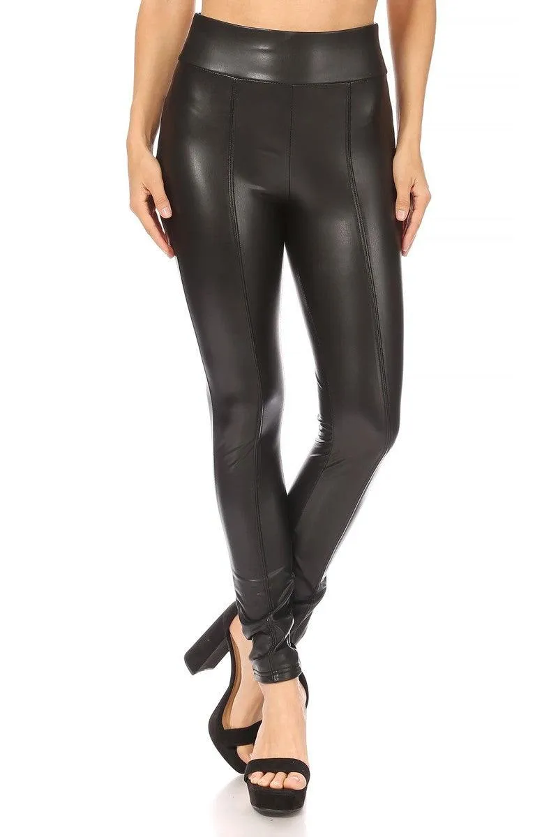 High Waist Sculpting PU Faux Leather Skinny Pants - Black