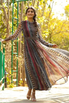 Juniper Black Abstract Printed Chiffon Flared Maxi Dress With Buttons.