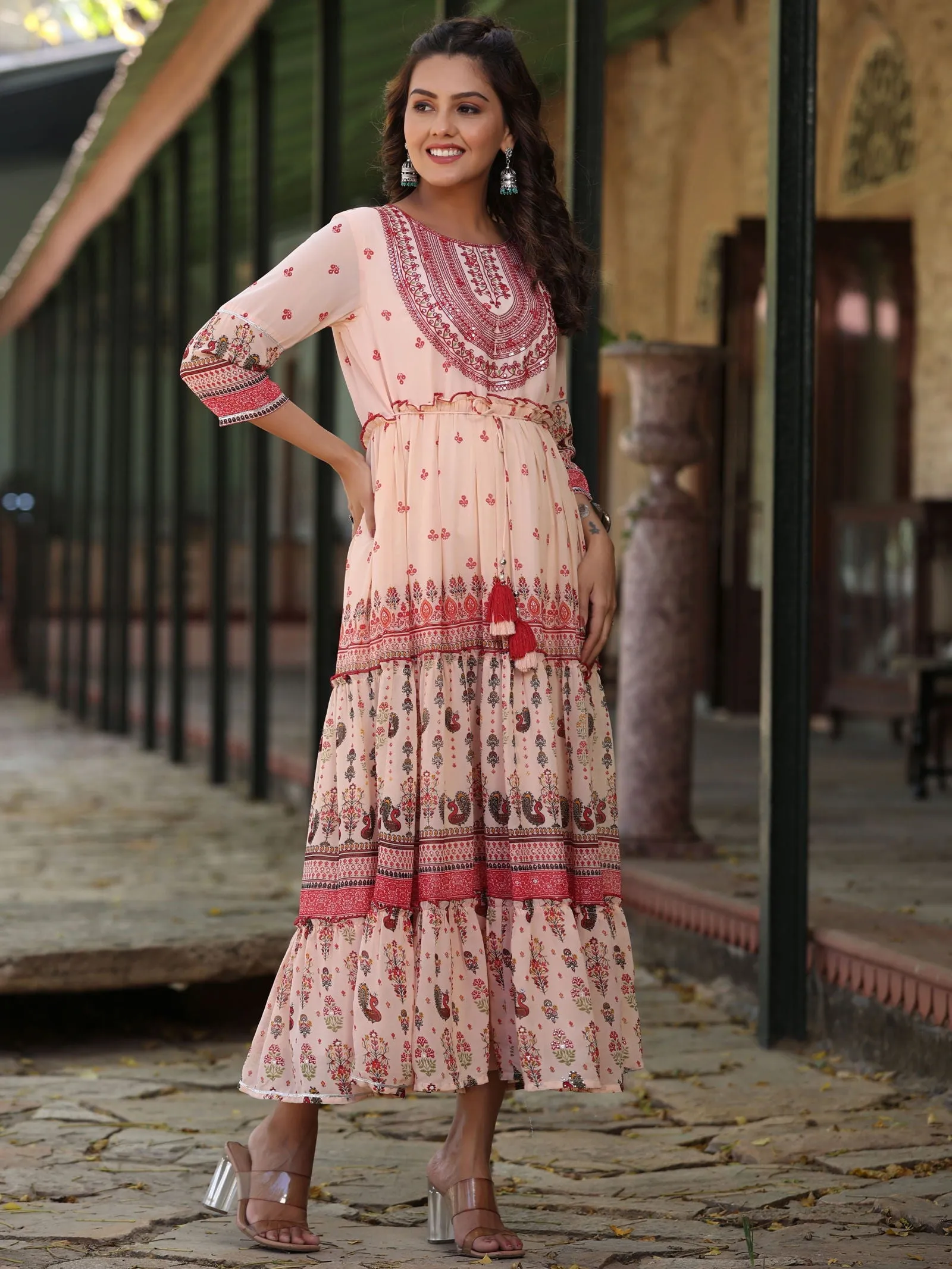 Juniper  Peach Ethnic Motif Printed Georgette Tiered Maxi Dress With Thread Embroidery