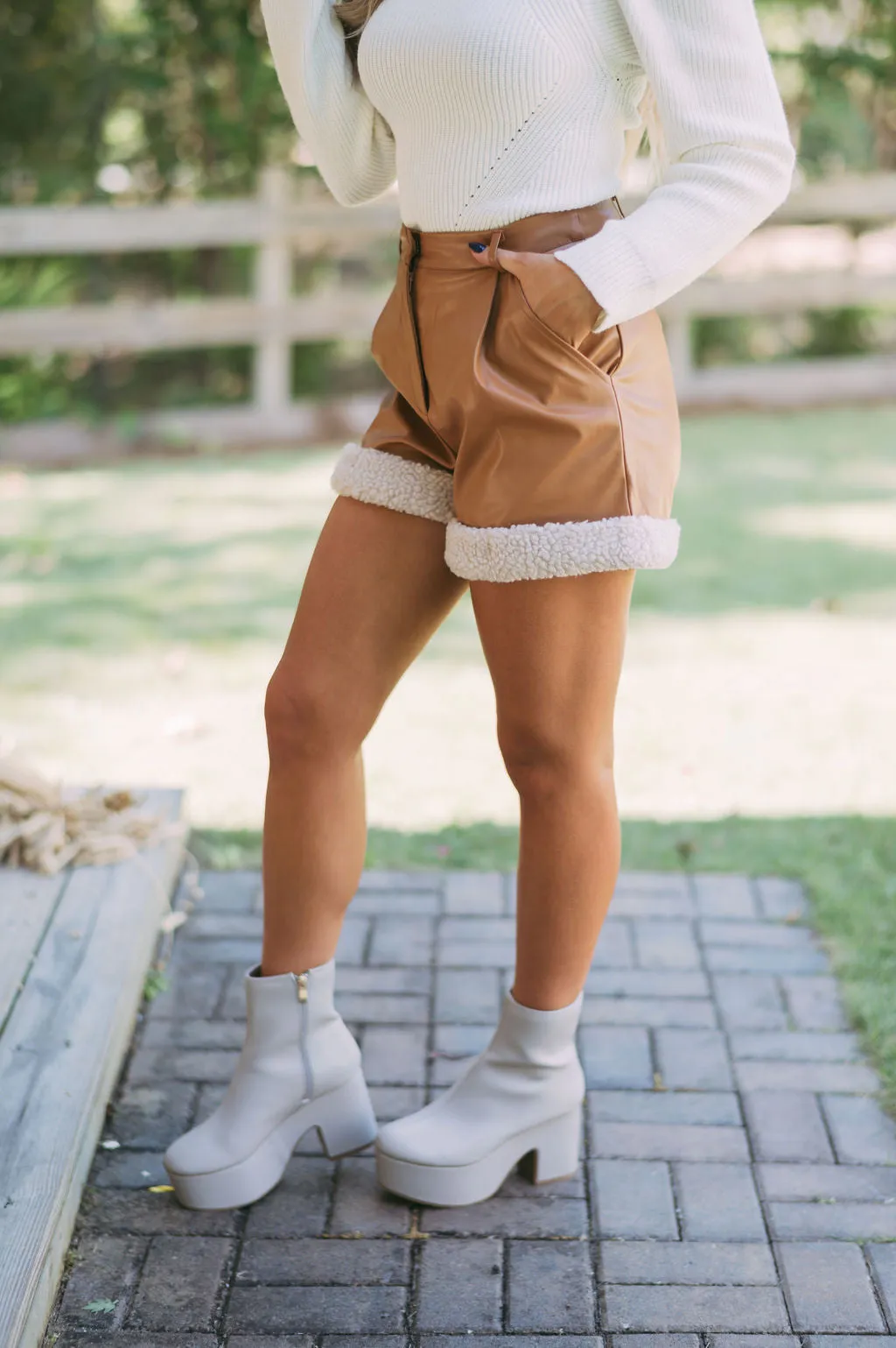 Leather Sherpa Trim Shorts-Camel/Beige