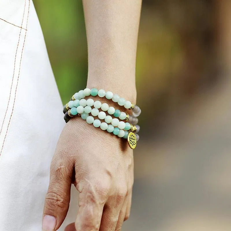 'Lotus' Amazonite, Labradorite, Agate 108 Mala Necklace