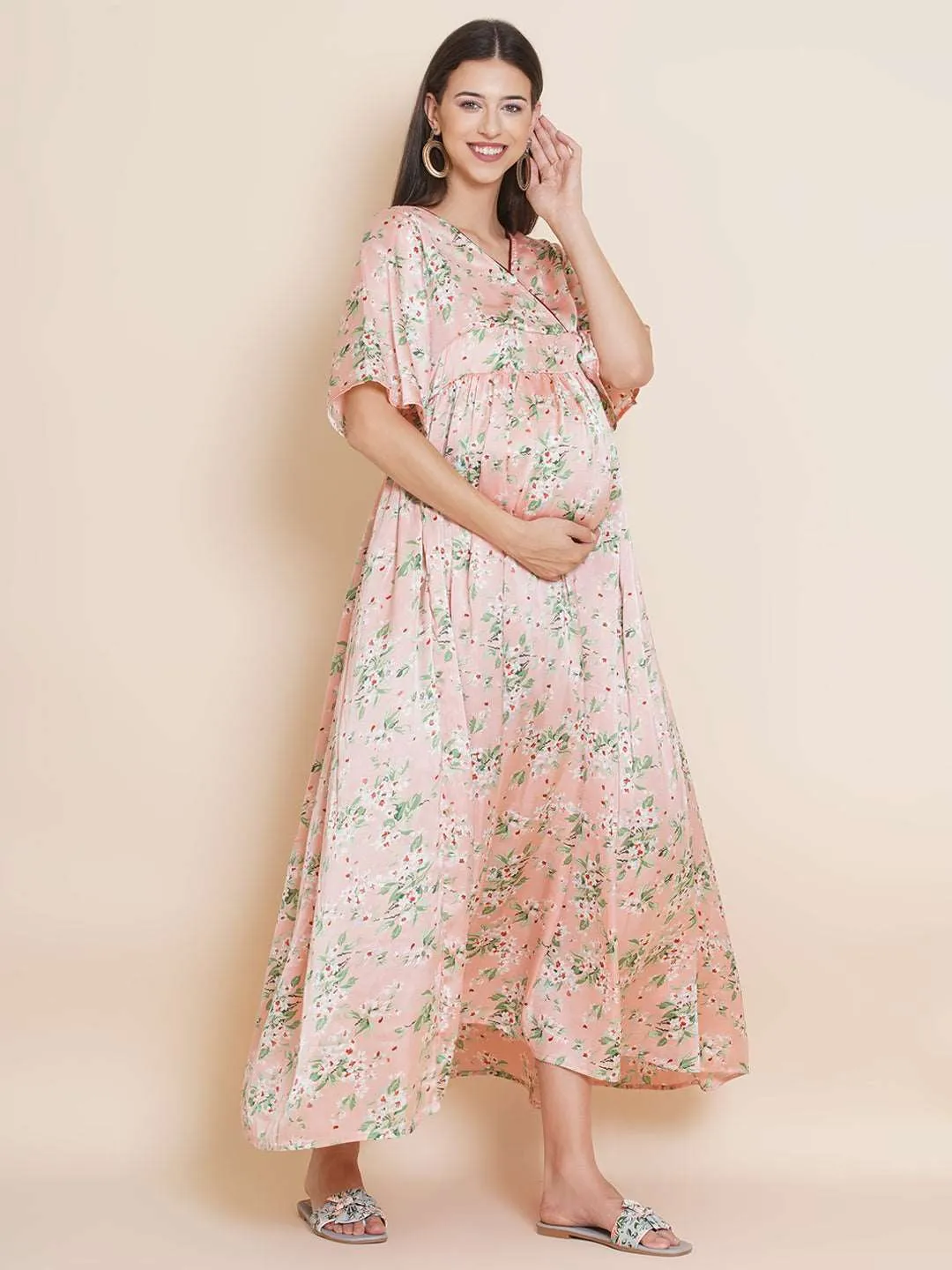 Maternity Satin Peach Color Maxi Baby Shower Dress