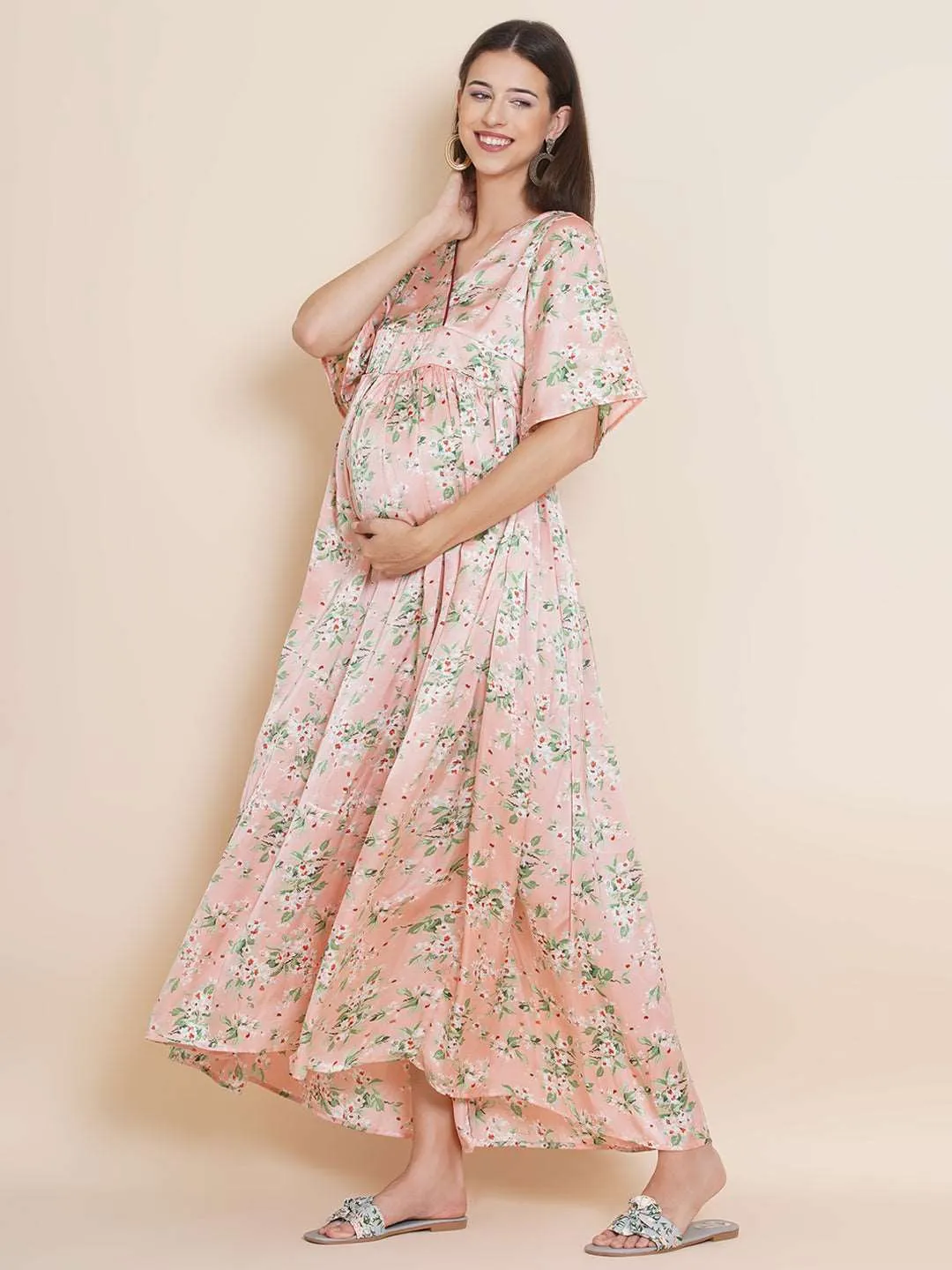 Maternity Satin Peach Color Maxi Baby Shower Dress