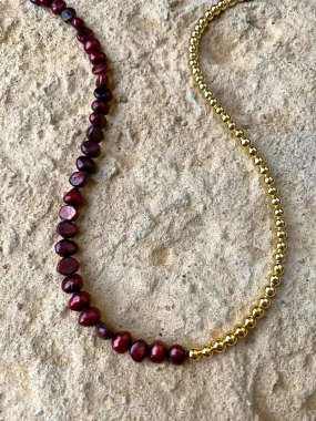 Red Freshwater pearl choker with half gold color beads